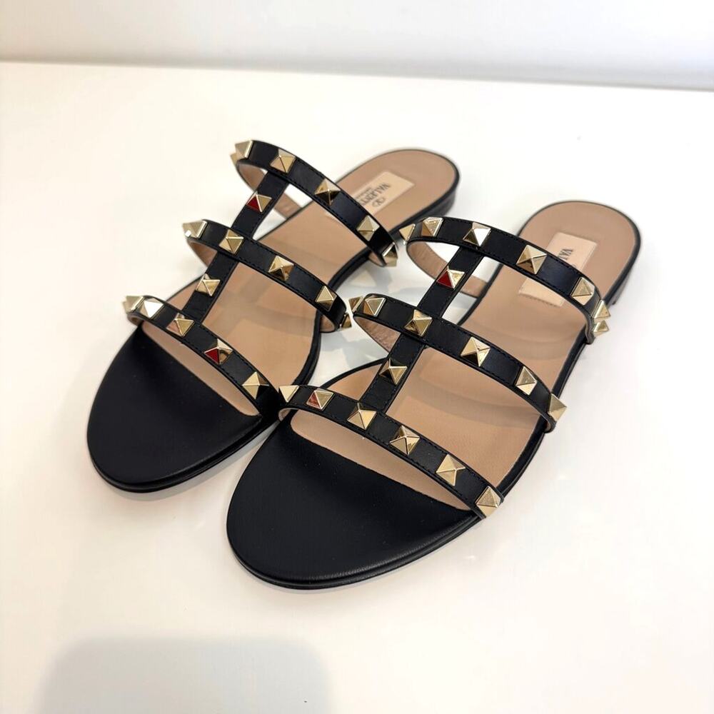VALENTINO Garavani Flar Black Leather Gold Rockstud Flat Sandals 37.5 NEW Shoess